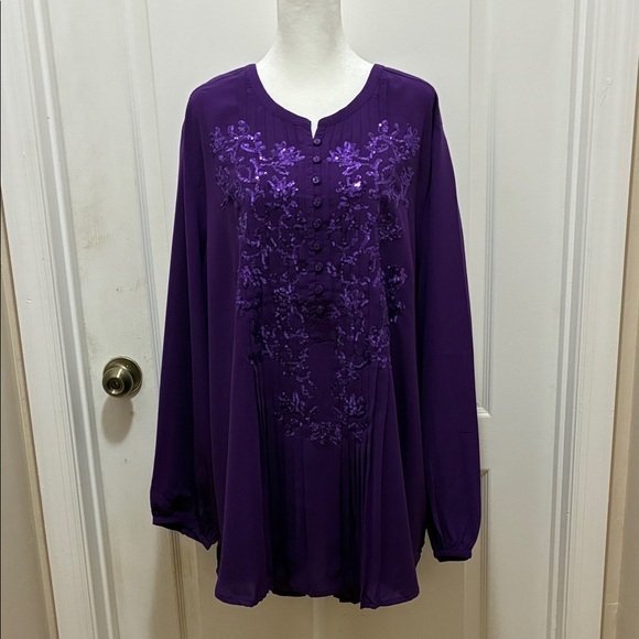 Roaman's Tops - Roaman's Deep Purple Embroidered Blouse NWOT but extra button still attached.
